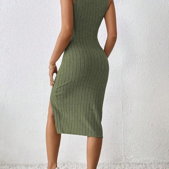 Womens Summer Tank Dress Ribbed Midi Sleeveless Bodycon Side Slit Casual - Picture 4 of 4
